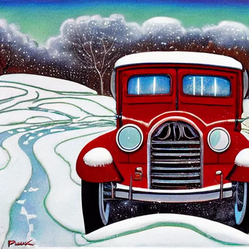 Prompt: a car in the snow, art by packtrick Woodroffe