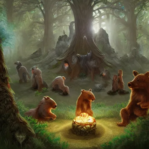 Image similar to elven druid summoning bears in the forest, d & d inspired, trending on artstation, ultra fine detailed, hyper detailed, hd, concept art, digital painting