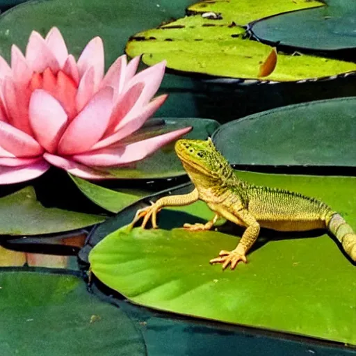 Image similar to a lizard sitting smiling on a water lily in a jungle. style of black clover