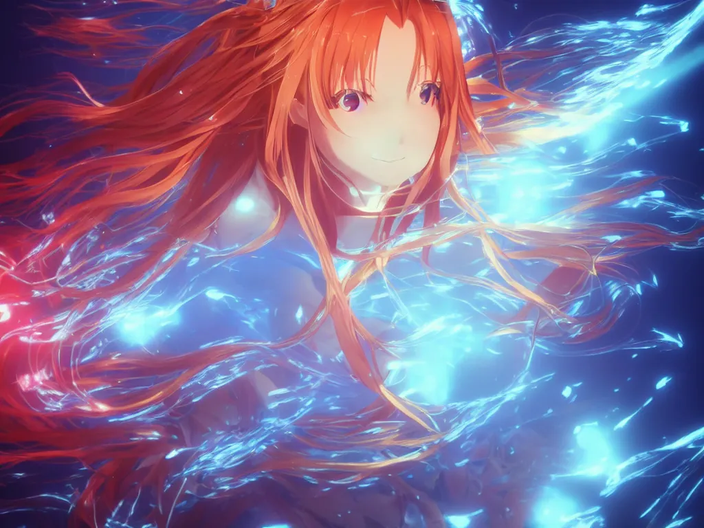 Prompt: dreamy portrait of a beautiful Asuna from Sword Art Online, anime, swimming underwater around bioluminiscent jellyfishes and fishes, volumetric lighting, smooth 4k