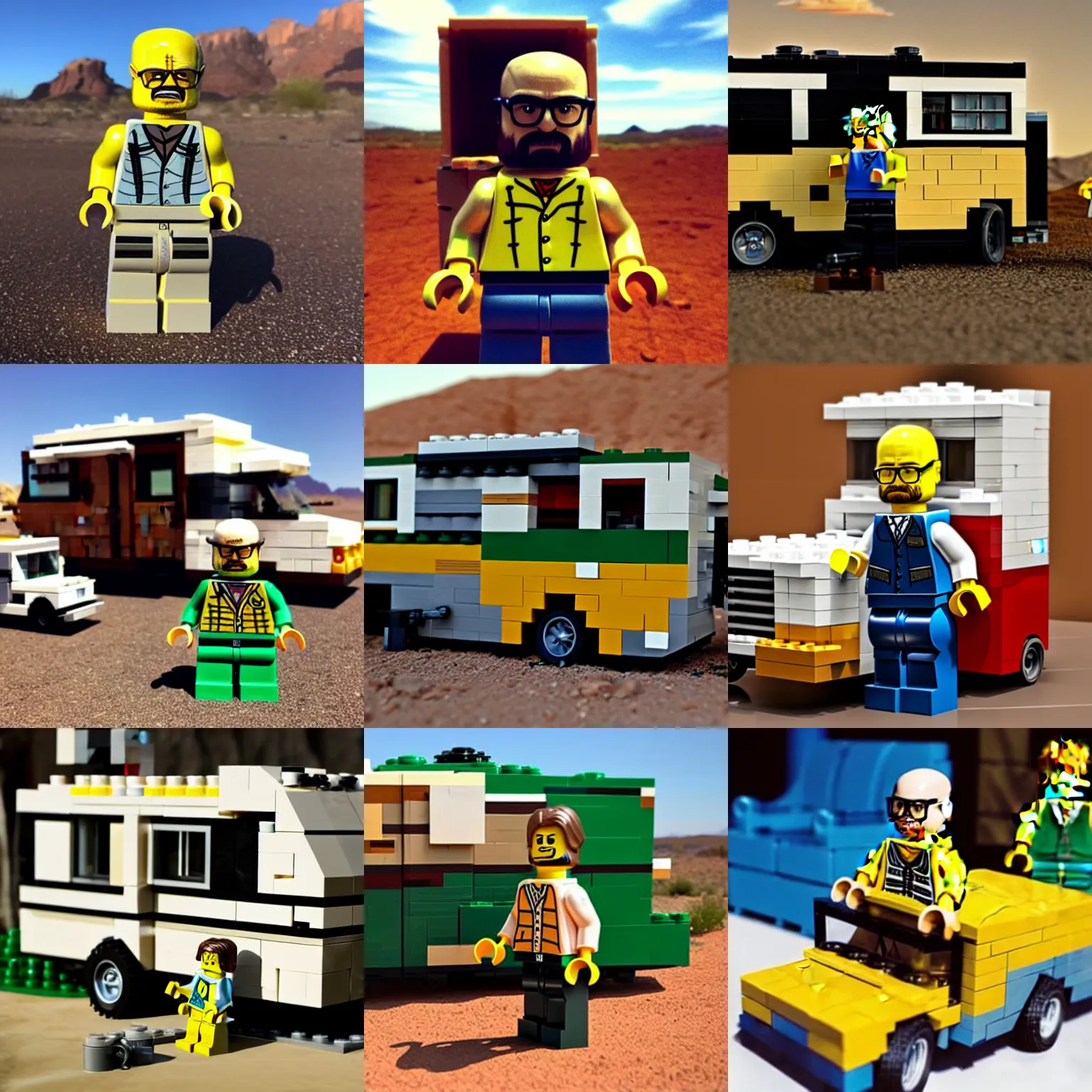 Prompt: realistic lego set of walter white from breaking bad with his rv in arizona desert