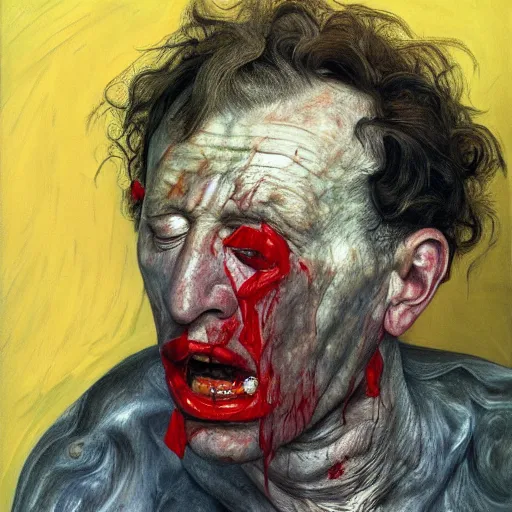 Image similar to high quality high detail painting by lucian freud, hd, man crying blood, pastel colors, photorealistic lighting