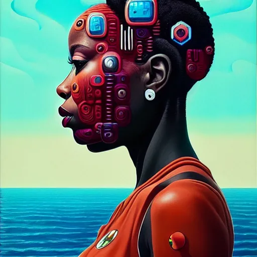 Prompt: portrait of a black woman :: side profile :: blood :: background sea :: intricate details :: oxygen implant :: 8k :: simon stalenhag and Sandra Chevrier