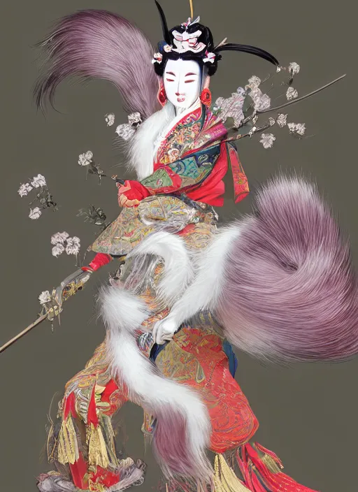 Image similar to full body portrait of a female kitsune peking opera actress with nine fluffy tails by wlop, wuxia, xianxia, kitsune, fox tails, nine - tailed fox, peking opera, lithe, absurdly beautiful, detailed, realistic, anatomically accurate, fantasy illustration, artstation, wlop, 4 k.