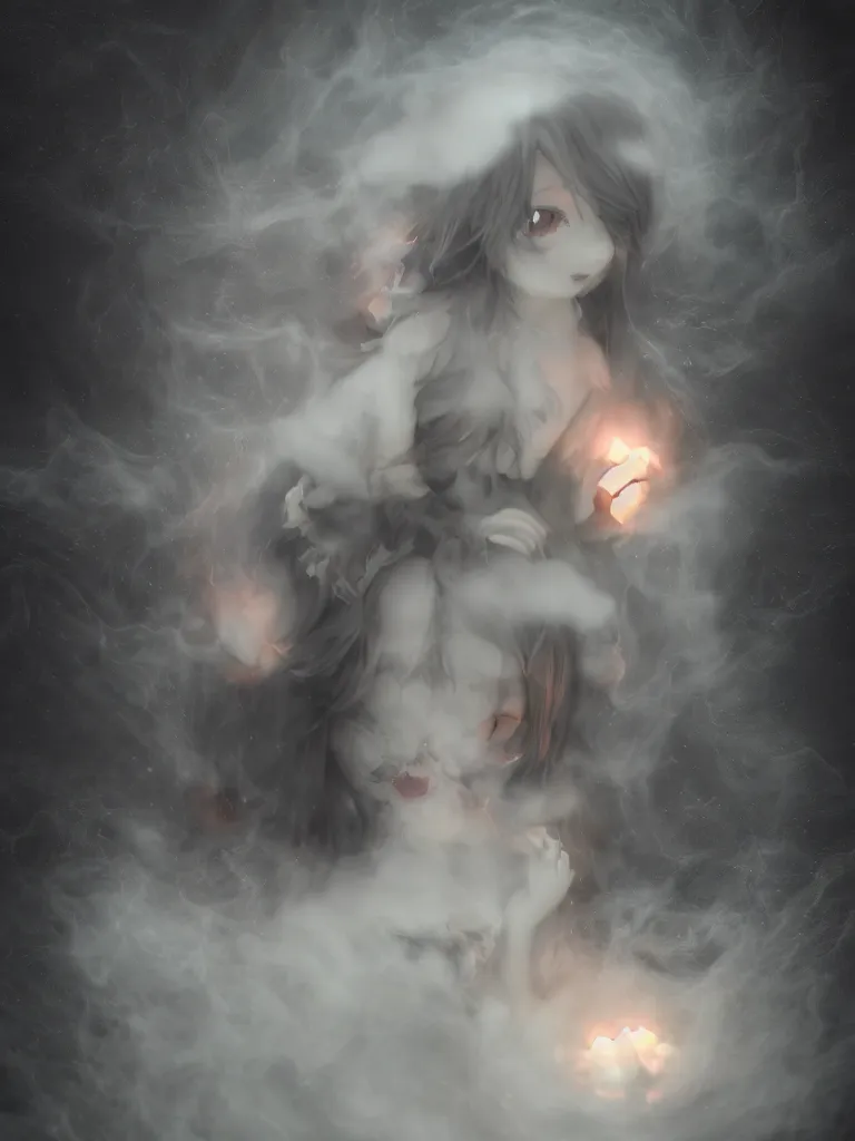 Image similar to cute fumo plush of a cursed frail witch girl held tight in the arms of a ghost mother, hugging, melting volumetric smoke and fog, environment map pbr reflective stormy water, gothic maiden, bokeh, vignette, vray