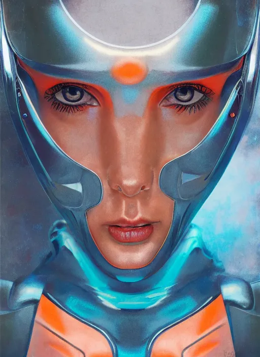 Prompt: ( ( symmetry ) ) closeup portrait of a chrome stunning cyborg girl crying tears, racer jumpsuit with shoulder pads, strong cinematic light, teal orange, viscous volumetric smoke, mist, by gerald brom, by mikhail vrubel, by peter elson, muted colors, extreme detail, trending on artstation, 8 k