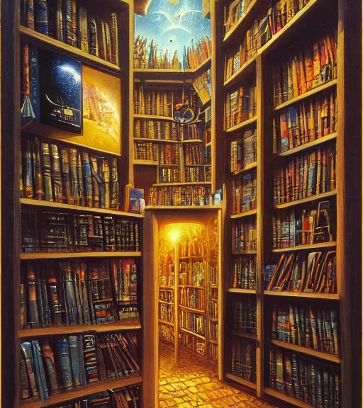 Prompt: cozy bookstore. vantablack cloth technology, vintage shapes, retro technology, happy colors dariusz zawadzki, tim hildebrandt, wayne barlow, bruce pennington, larry elmore, oil on canvas, deep depth field, masterpiece, cinematic composition. dramatic zoom, hyperdetailed, hd, hdr