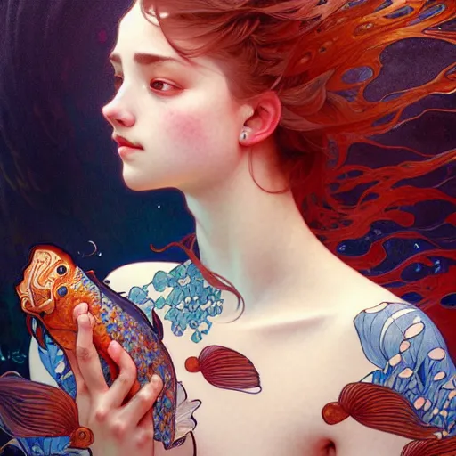 Prompt: Portrait of a girl surrounded by Koi fish, face, fantasy, intricate, elegant, highly detailed, digital painting, artstation, concept art, smooth, sharp focus, illustration, art by Loish and Artem Demura and alphonse mucha