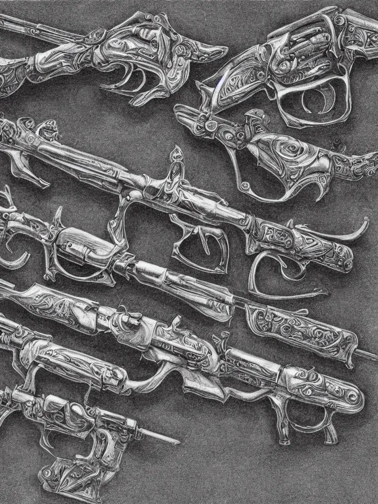 Image similar to detailed pencil etching of machine guns shotguns rifles revolvers bullets, drawing, ultrarealistic, intricate details, 4k