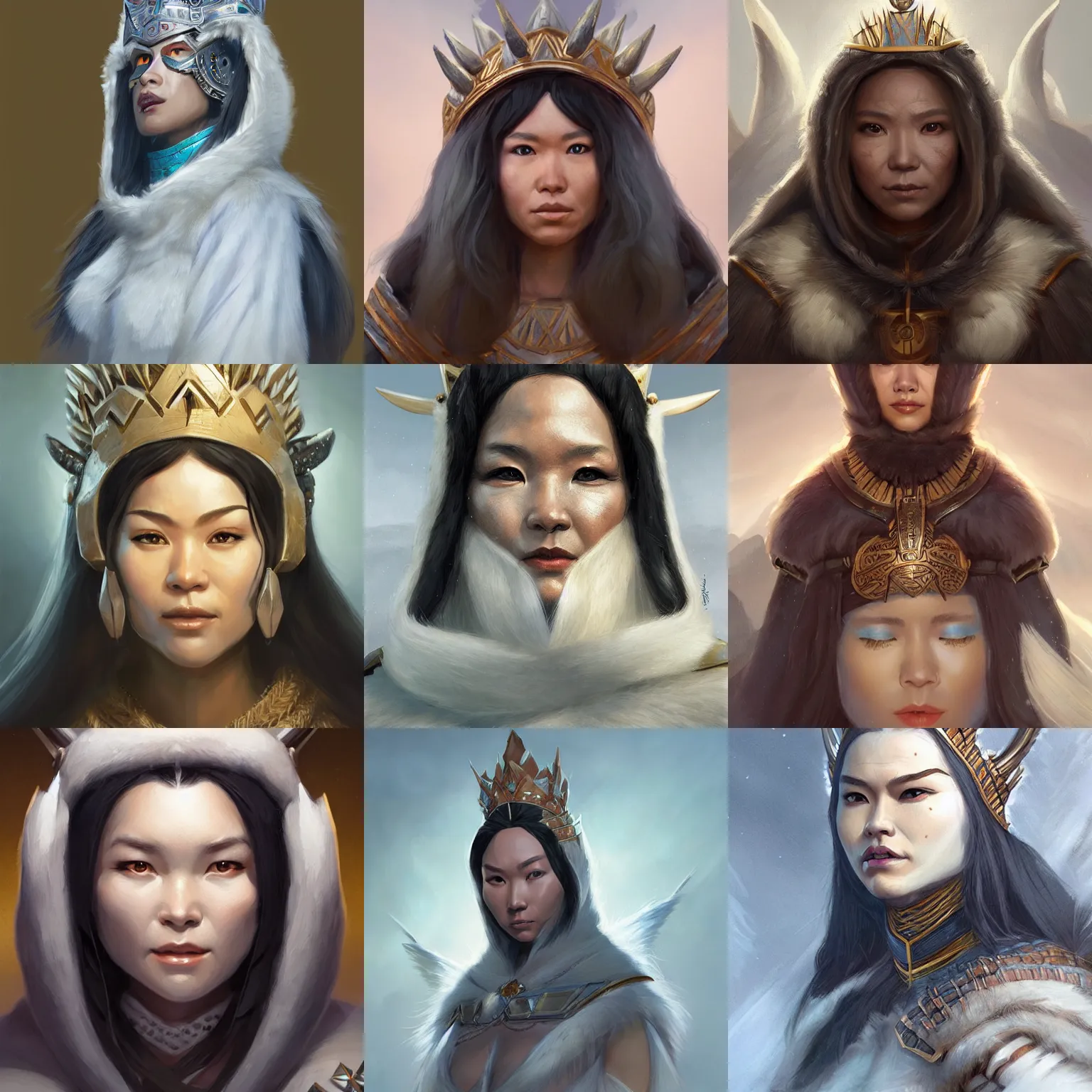 Prompt: inuit queen, D&D, fantasy, portrait, highly detailed, digital painting, trending on artstation, concept art, sharp focus, illustration, art by artgerm and greg rutkowski and magali villeneuve