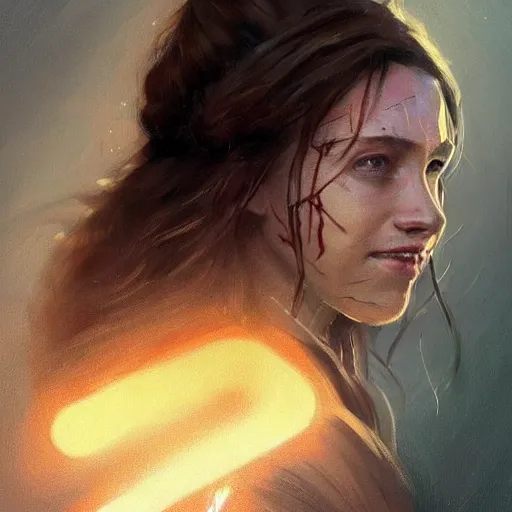 Image similar to portrait of an woman by Greg Rutkowski, she is about 20 years old, pretty, long brown wavy hair, tribal tattoos on her face, scar near her mouth that makes her look like she's smiling all the time, wearing jedi robes, Star Wars Expanded Universe, highly detailed portrait, digital painting, artstation, concept art, smooth, sharp foccus ilustration, Artstation HQ