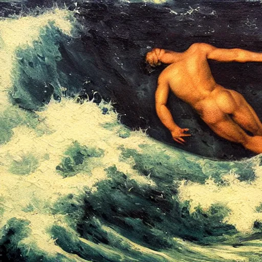 Image similar to a painting of a man drowning in an ocean full of waves