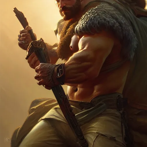 Prompt: Rugged ranger, muscular, thighs, D&D, fantasy, intricate, cinematic lighting, highly detailed, digital painting, artstation, concept art, smooth, sharp focus, illustration, art by Artgerm and Greg Rutkowski and Alphonse Mucha