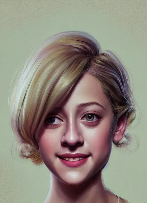 Prompt: portrait of lili reinhart with fluffy bangs, smiling kindly, bangs, 1 9 6 0 s, ponytail, curly bangs and ponytail, rounder face, intricate, elegant, glowing lights, highly detailed, digital painting, artstation, concept art, smooth, sharp focus, illustration, art by wlop, mars ravelo and greg rutkowski