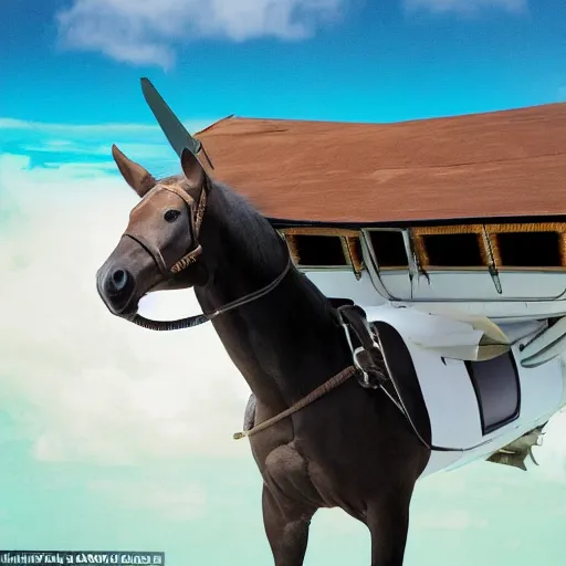 Image similar to a horse got on top of the roof of a plane, and flies it to the maldives, the islands, style of photorealism,