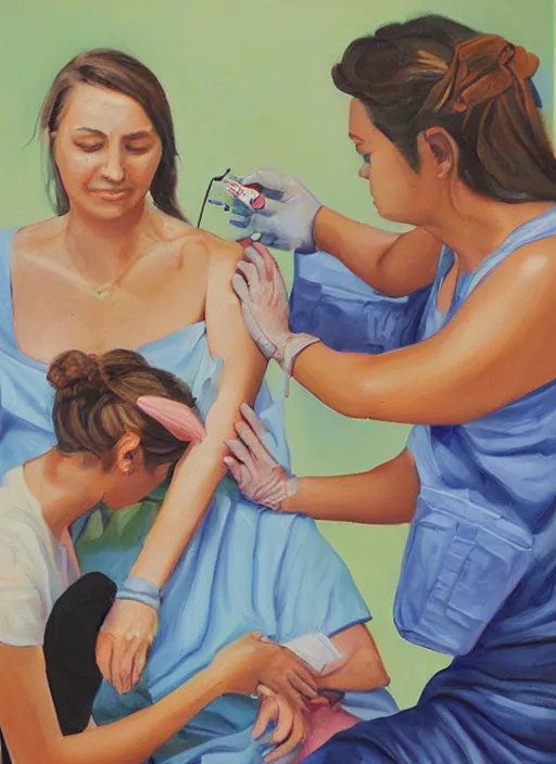 Prompt: oil painting of women getting vaccinated, high details, art by axion