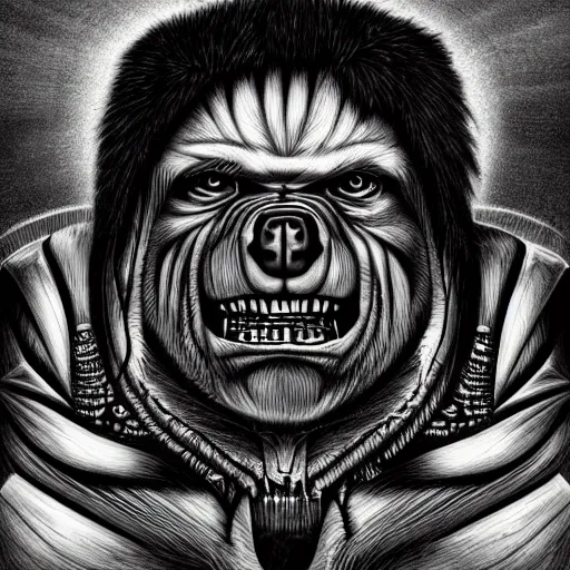 Prompt: Manbearpig is half man half bear half pig I'm super cereal beautiful stunning portrait by benoit mandelbrot and hr giger