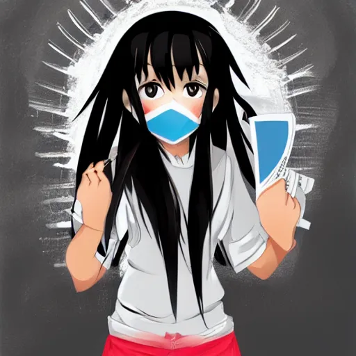 Image similar to full headshot portrait of a girl with long black hair, wearing a surgical mask, drawn by ATDAN, by Avetetsuya Studios, attractive character, colored sketch anime manga panel, trending on Pixiv