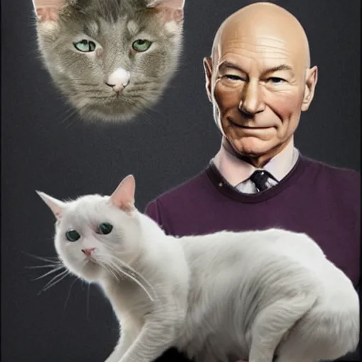 Prompt: a portrait of patrick stewart with a cat head
