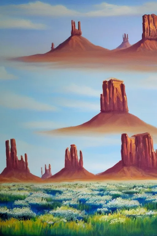 Image similar to bob ross painting of monument valley