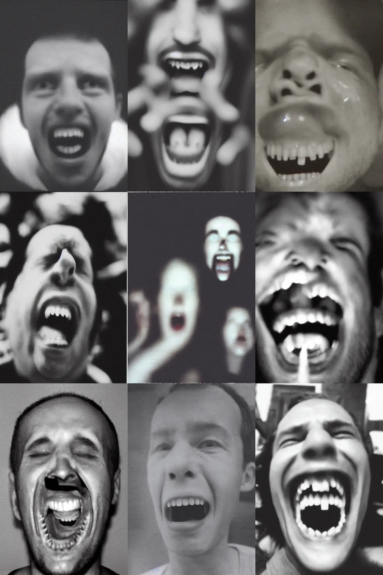 Prompt: grainy film photo of a man with his mouth wide open, and showin multiple rows of teeth, creepy, unsettling
