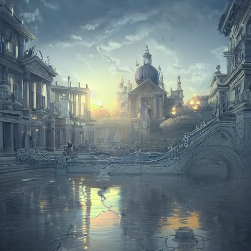 Image similar to floating baroque city, beautiful, surreal, highly detailed, sharp focus, sunset, by artgerm, cgsociety