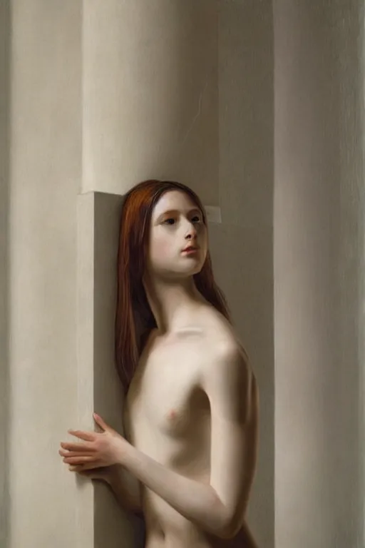 Prompt: hyperrealism portrait of young female cyborg, church interior, pale skin, in style of classicism