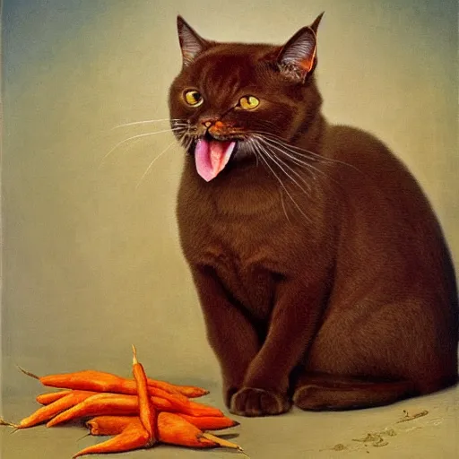 Image similar to cute brown burmese cat eating carrot, in style of Ivan Shishkin, oil painting, renaissance drawing, hd, detailed