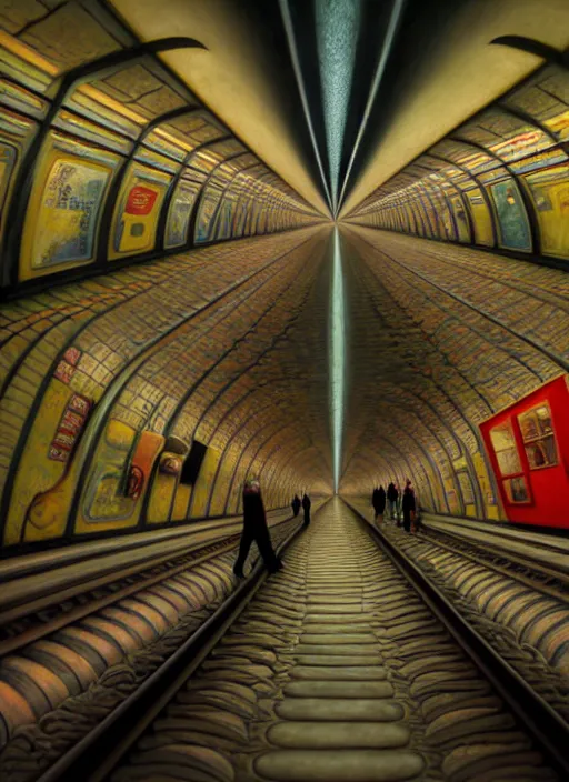 Image similar to hyper detailed 3d render like a Oil painting - inside the subway by Jacek Yerka, Mariusz Lewandowski, Houdini algorithmic generative render, Abstract brush strokes, Masterpiece, Edward Hopper and James Gilleard, Zdzislaw Beksinski, Mark Ryden, Wolfgang Lettl, hints of Yayoi Kasuma, octane render, 8k