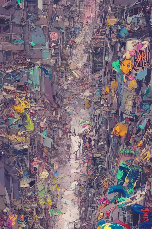 Image similar to people walking in a city covered with graffiti paint dripping down to the floor from the sky, professional illustration by james jean, painterly, yoshitaka Amano, hiroshi yoshida, moebius, loish, painterly, and artgerm, illustration