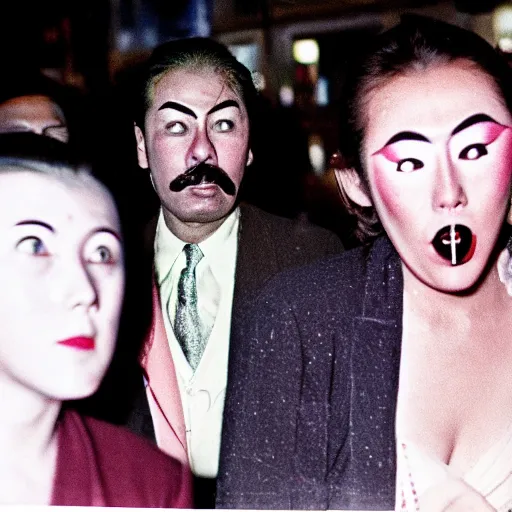 Prompt: Street photography, a close up of several people leaving a seedy nightclub at 5am, they are smoking, someone is screaming, Kabuki makeup, Kodachrome