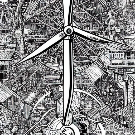 Image similar to hyper detailed comic illustration of a wind turbine blueprint, black ball pen on white paper, by Josan Gonzalez and Geof Darrow, intricate details