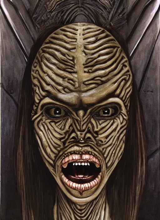 Image similar to portrait of zendaya with a little alien head for a tongue, necronom v, painting by h. r. giger