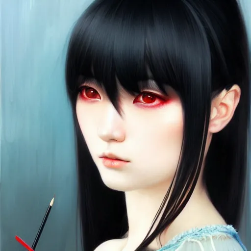 Image similar to a beautiful japanese girl with long black hair and bangs, red eyes, fantasy, portrait, sharp focus, intricate, elegant, digital painting, artstation, matte, highly detailed, concept art, illustration, ambient lighting, art by ilya kuvshinov, artgerm, Alphonse mucha, and Greg Rutkowski