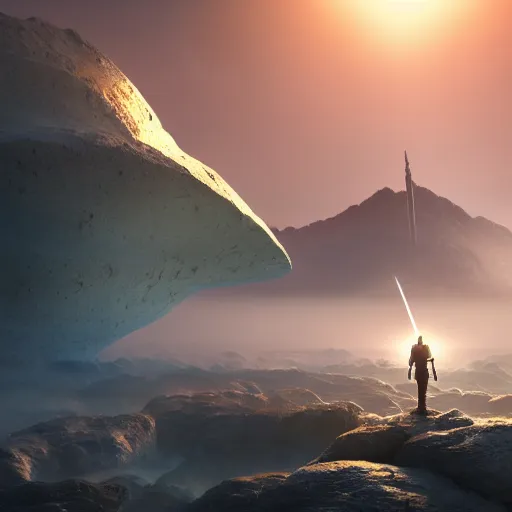 Prompt: hyperrealistic sword standing on a glowing rock, distant planet in background, fog, glow, sharp, 4 k, lens flare, highly detailed digital art, trending on artstation, masterpiece