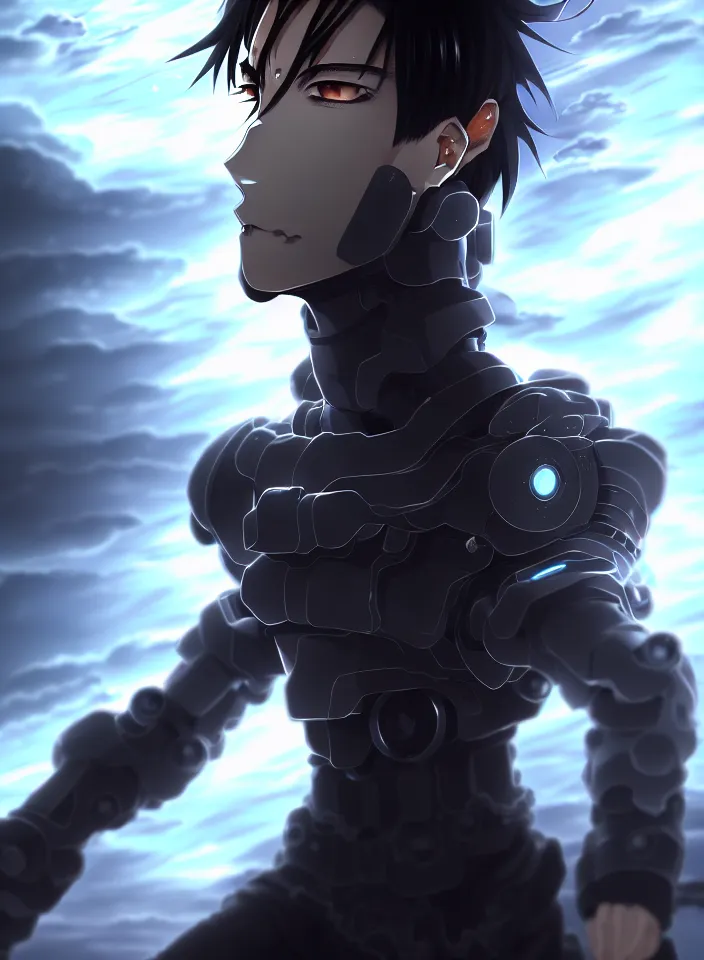 Image similar to a detailed manga illustration character full body portrait of a dark haired cyborg handsome anime man surrounded by clouds of dark smoke and fire, trending on artstation, digital art, 4 k resolution, detailed, high quality, sharp focus, hq artwork, insane detail, concept art, character concept, character illustration, full body illustration, perfect anatomy, cinematic, volumetric lighting