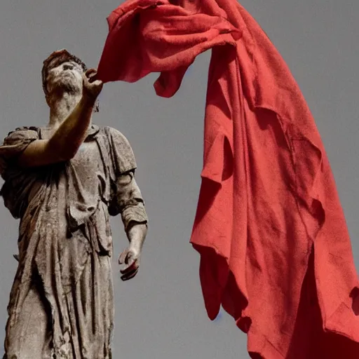 Image similar to a roman statue covered by red cloth that's blowing in the wind, digital art, concept art, cloth simulation with houdini, octane, redshift, 8 k