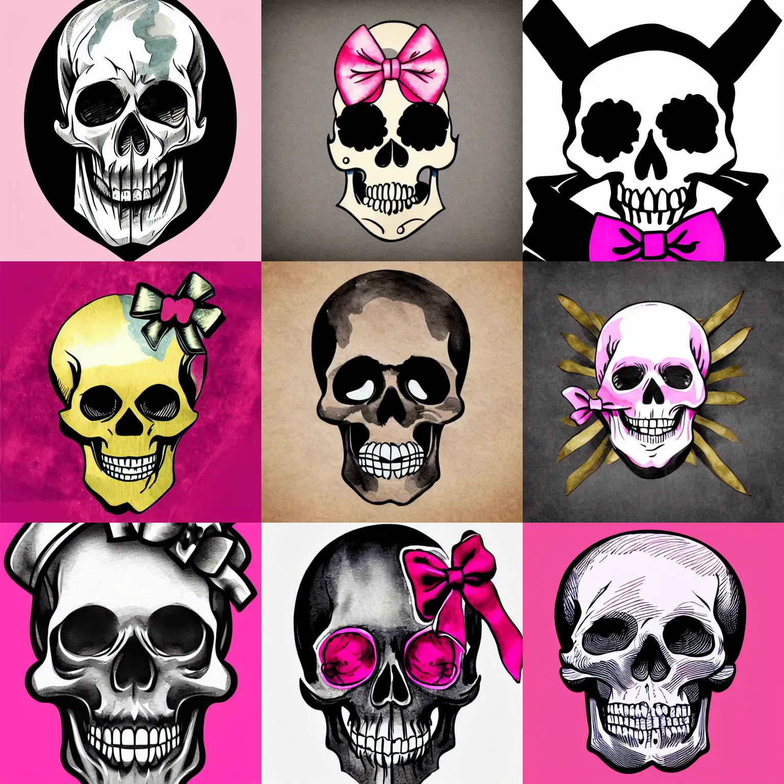 Prompt: detailed ink watercolor old school skull without lower jaw with a pink bow tie, trending on artstation, vector, flag colors