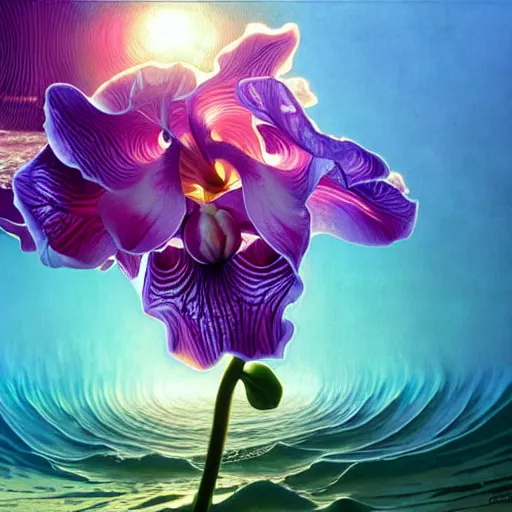 Image similar to detailed giant orchid flower surrounded by ocean wave, lsd water, ripples, transparent droplets, backlit, sunset, refracted lighting, art by collier, albert aublet, krenz cushart, artem demura, alphonse mucha