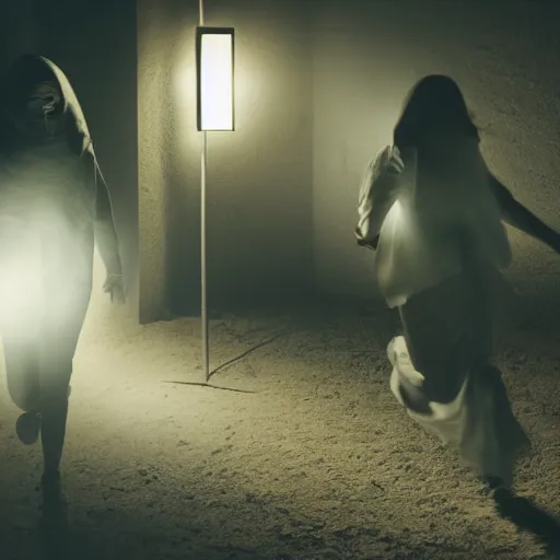 Image similar to cinematic lighting photograph of proffesional Ghost hunters running away from a person acting like a ghost wearing a white cloth over body chasing them