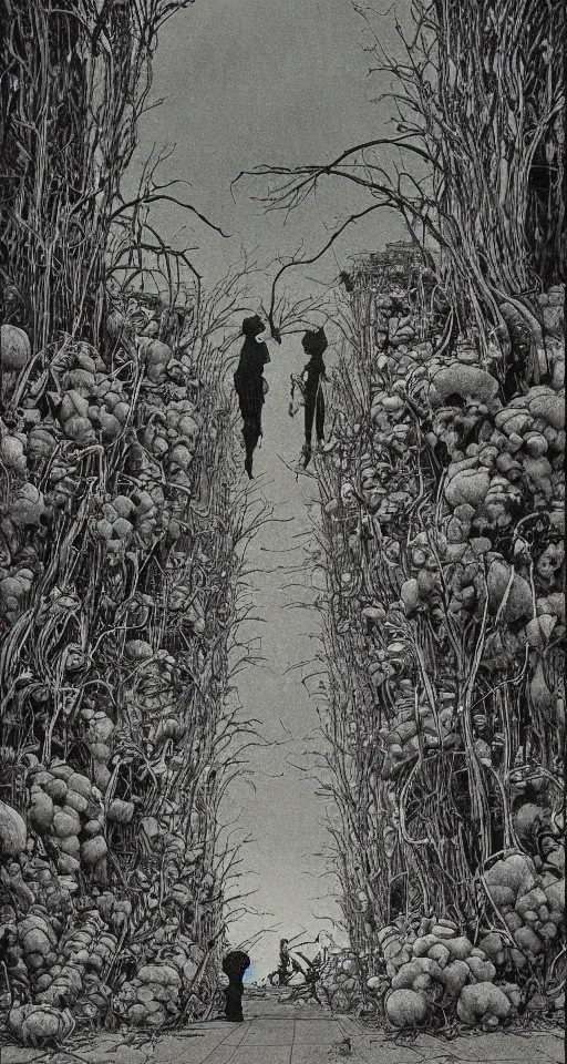 Image similar to on the street of abandoned town 2 people standing huddled together, spiny giant plants bursting through them in the style of Takato Yamamoto and Francis Bacon and Norman Rockwell and Beksinski, very coherent, ultradetailed