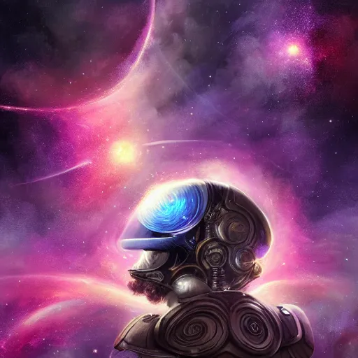 Prompt: love expanding across the universe, galaxy spiral background. exploded helmet, D&D, fantasy, intricate, elegant, highly detailed, digital painting, artstation, concept art, matte, sharp focus, illustration, art by Anna dittmann