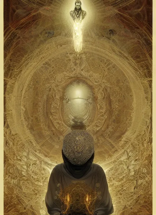 Prompt: portrait of a meditating cyborg monk, sacred scolls, fractal, in the style of ghosts in the shell, intricate ornaments, elegant, highly detailed, digital photography, subsurface scattering, by jheronimus bosch and greg rutkowski,