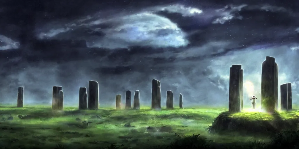 Image similar to a realistic and atmospheric cell - shaded concept art from howl's moving castle ( 2 0 0 4 ) of a ufo on the ground. a grey monk is standing in a futurist sci - fi city that looks like stonehenge in a flooded rainforest. it is a misty starry night. very dull muted colors, hd, 4 k, hq