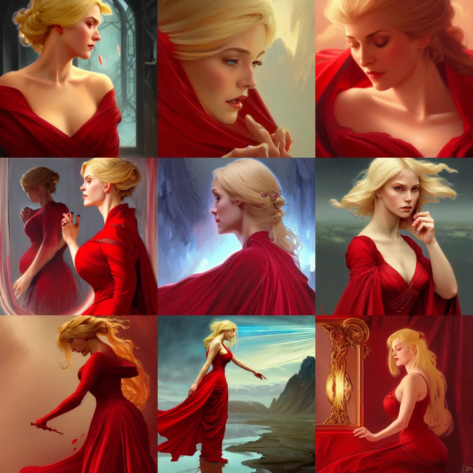 Prompt: blonde woman in a red dress going through a cursed mirror, closeup, D&D, fantasy, intricate, elegant, highly detailed, digital painting, artstation, concept art, matte, sharp focus, illustration, art by Artgerm and Greg Rutkowski and Alphonse Mucha