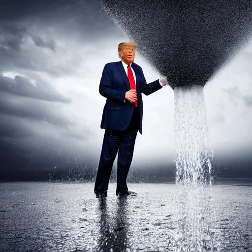 Prompt: 4 k hdr full body wide angle sony portrait of donald trump in a showering rainstorm with moody stormy overcast lighting