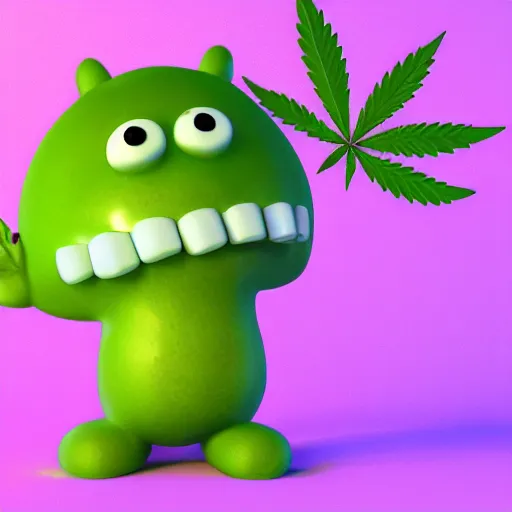 Image similar to a cinematic blender render of a cute marijuana nug character in candy edibles world