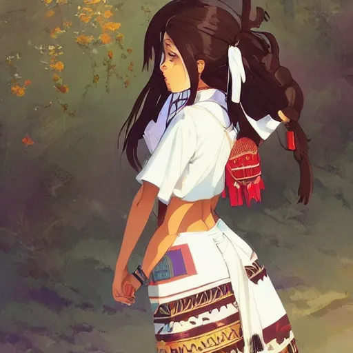 Image similar to a beautiful women instagram model, brown skin, wearing elegant catholic school girl designer fashion with mayan pattern and native style, aztec street fashion, gapmoe yandere grimdark, trending on pixiv fanbox, painted by greg rutkowski makoto shinkai takashi takeuchi studio ghibli, akihiko yoshida