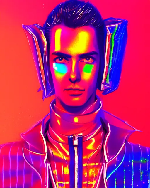 Image similar to detailed portrait of European Professional Fashion Male Model Sheen Holographic Jacket coat, Futuristic sci-fi fashion, royal attire Akira, Evangelion, cyberpunk, neotokyo, synthwave, aesthetics, futuristic, low-emission-neon, bladerunner movie scene by ismail inceoglu dragan bibin hans thoma greg rutkowski Alexandros Pyromallis Nekro Rene Margitte illustrated Perfect face, fine details, realistic shaded, fine-face, pretty face sharp chine