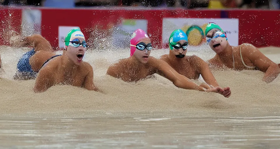 Image similar to olympic swimming in sand instead of water, extremely coherent, motion blur